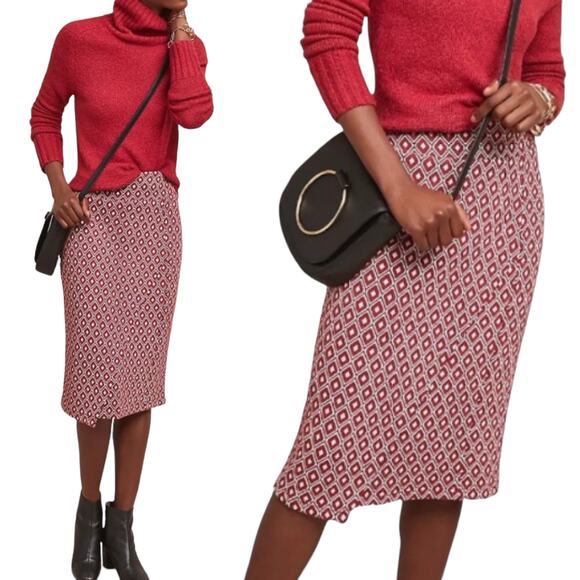 Maeve Pencil Skirt Over the Knee Geometric Patterned Stretchy Red Womens Small - Picture 1 of 7